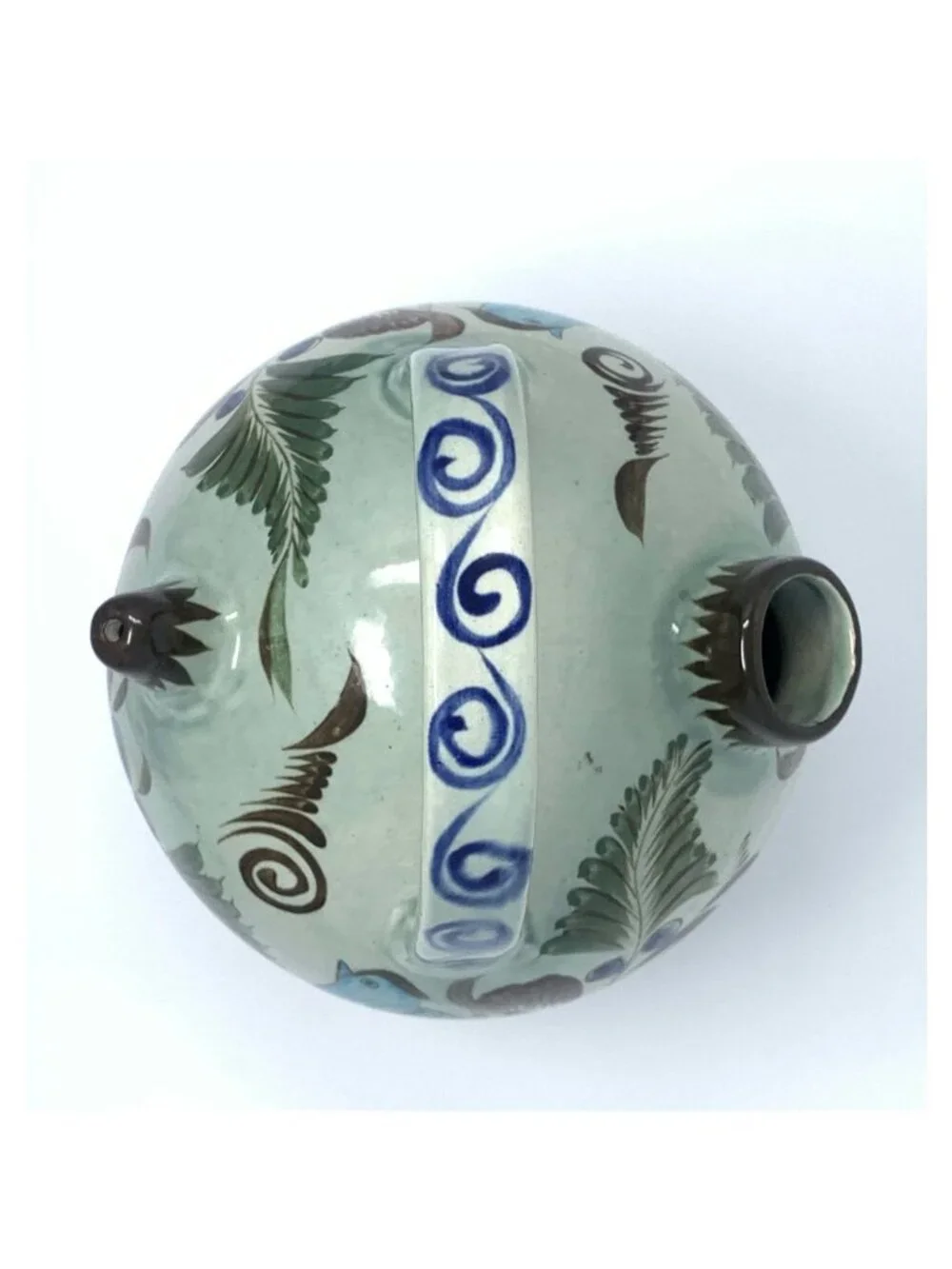 Vintage Noe Suro Tonala Teapot Floral Blue Bird Folk Art Mexico Signed 8x6